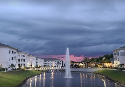 Exterior view of lake with fountain at sunset. Surrounded by Northpointe apartments in Lutz, FL